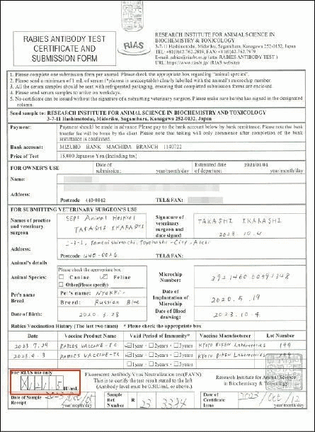 狂犬病抗体検査の証明書イメージ画像