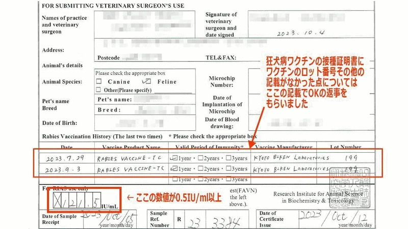 狂犬病抗体検査証明書（兼申請書）2イメージ画像